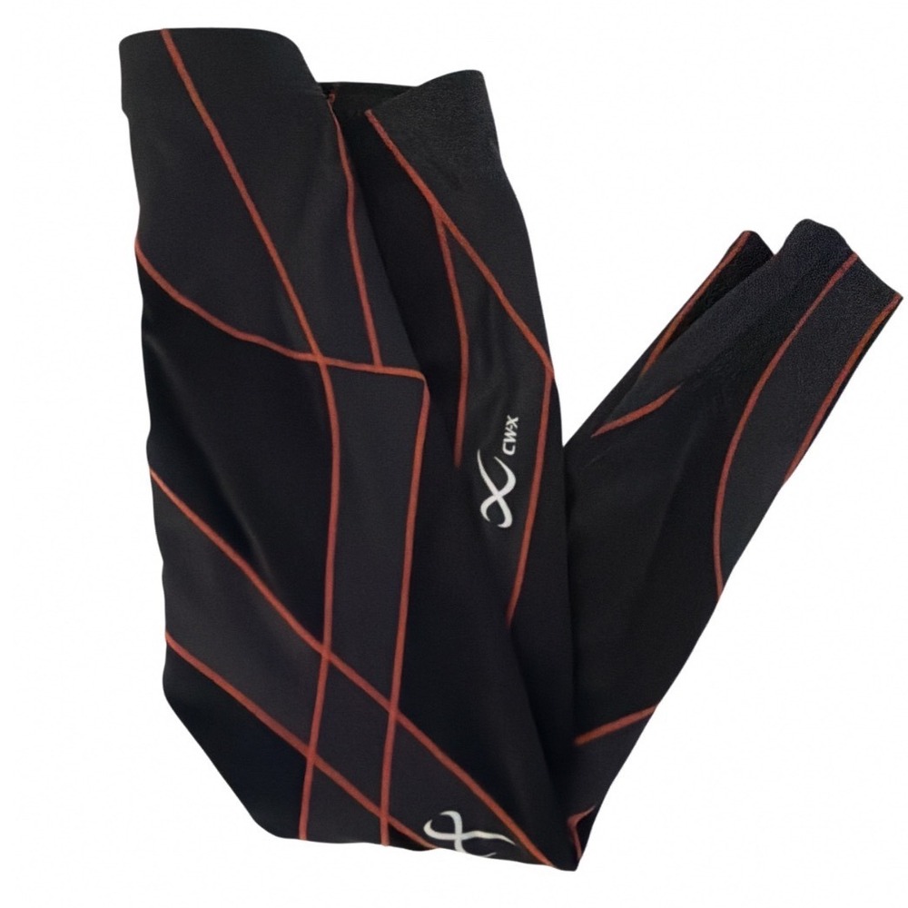 CW-X Stabilyx Women Sm Black Orange Striped Compression Running Tights Leggings